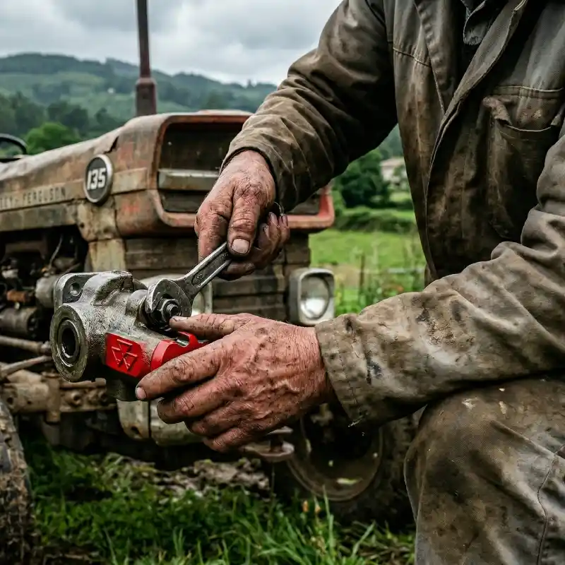 Un agricultor repara una pieza de su tractor con las manos completamente engrasadas, le será fácil limpiarlas luego usando Permatex Fast Orange