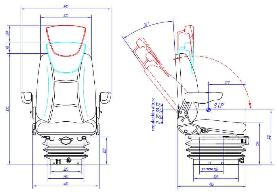 Medidas del asiento ergonómico universal RM92200 para tractor o carretilla elevadora