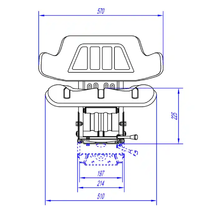 plano técnico asiento tractor universal RM20 con medidas en mm