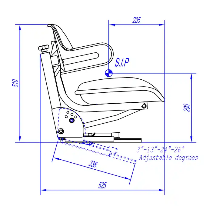 plano técnico asiento tractor universal RM20 con medidas en mm