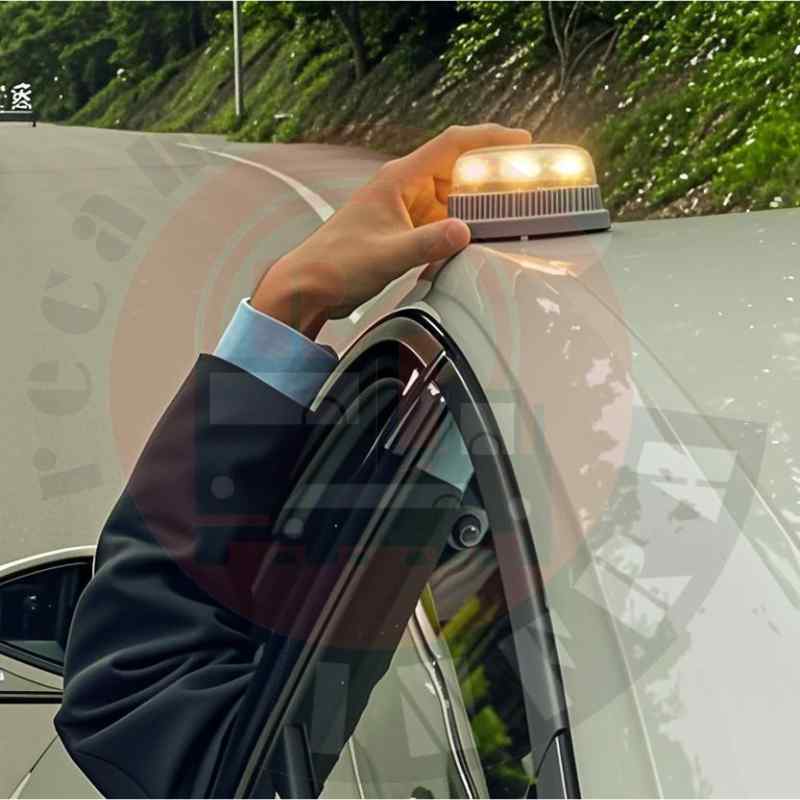 Un hombre colocando en su vehículo averiado y sin tener que bajarse del coche, la luz de emergencia V16 homologada por la DGT que vendemos en tiendarecambiosinfra.com.