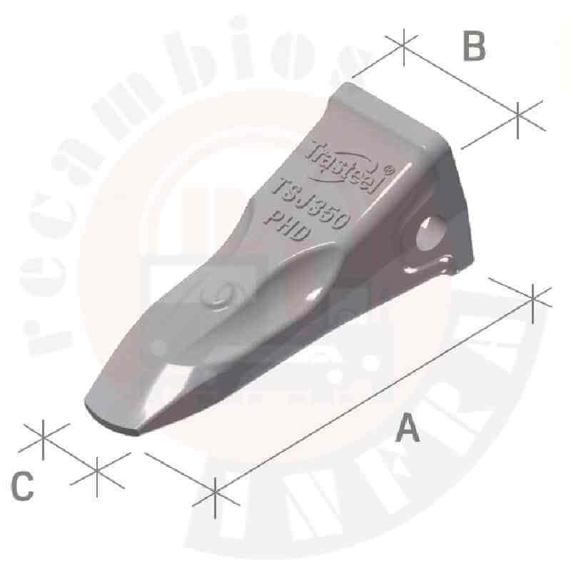Diente para excavadora Trasteel Elite PHD. Medidas Diente para excavadora Trasteel Elite PHD. Medidas