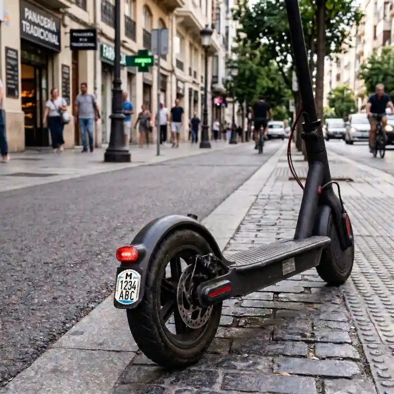 Patinete eléctrico urbano con la matrícula oficial de la DGT pegada